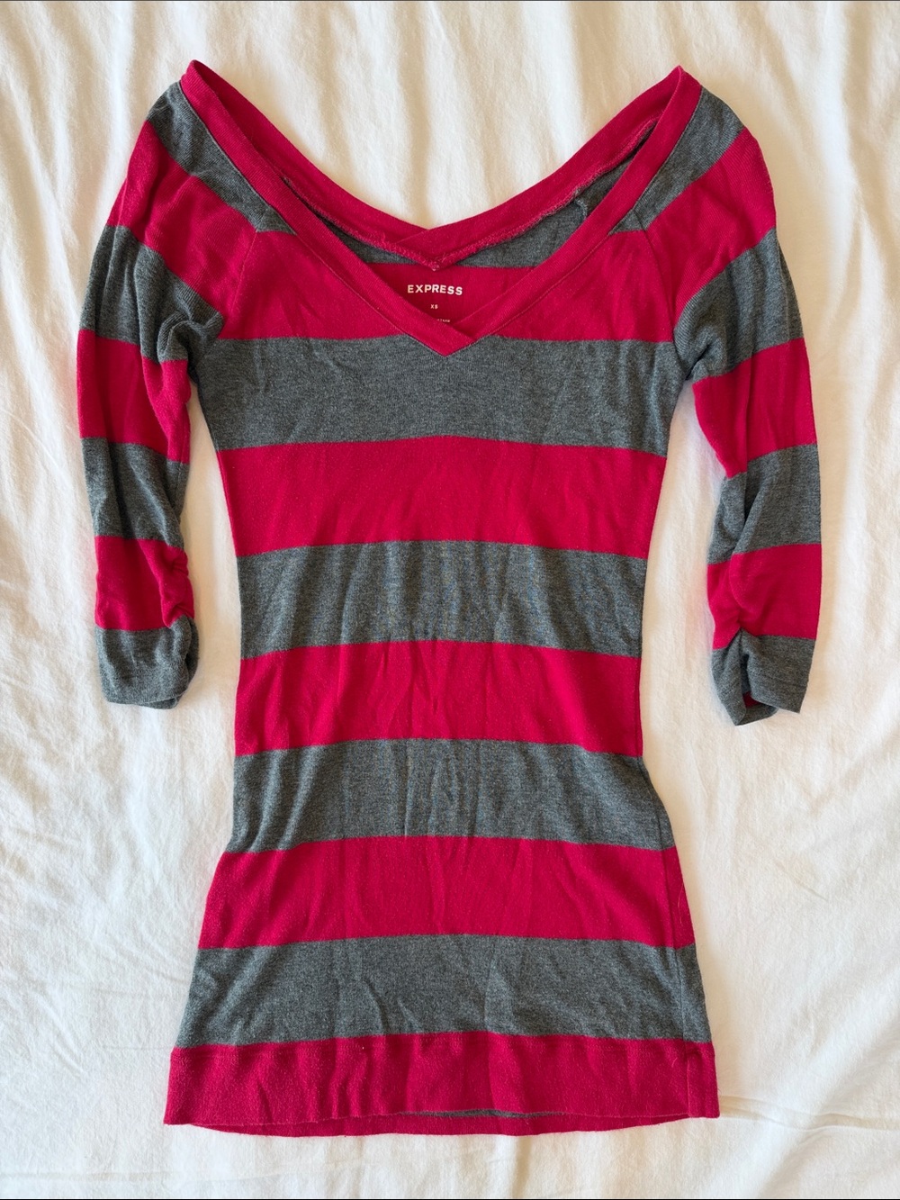 Express Women's Fuchsia and Gray Striped V-Neck Tunic Shirt XS